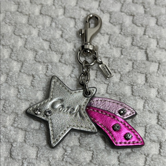 Coach Silver and Pink Shooting Star Keychain Key Fob Charm